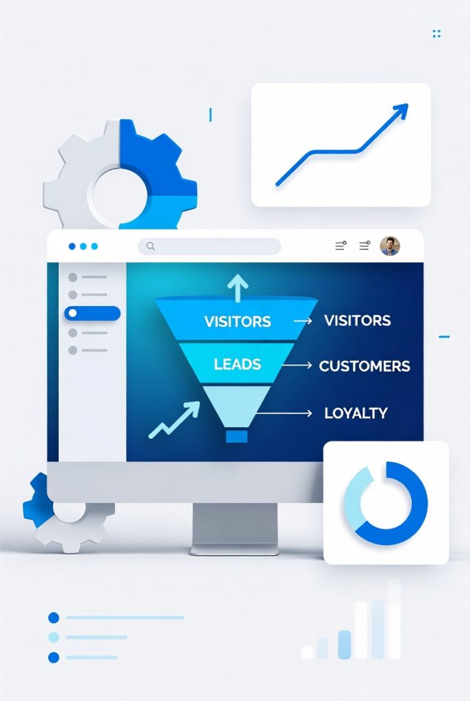 Diagram showing website and sales funnel optimization, converting website visitors into paying customers effectively.