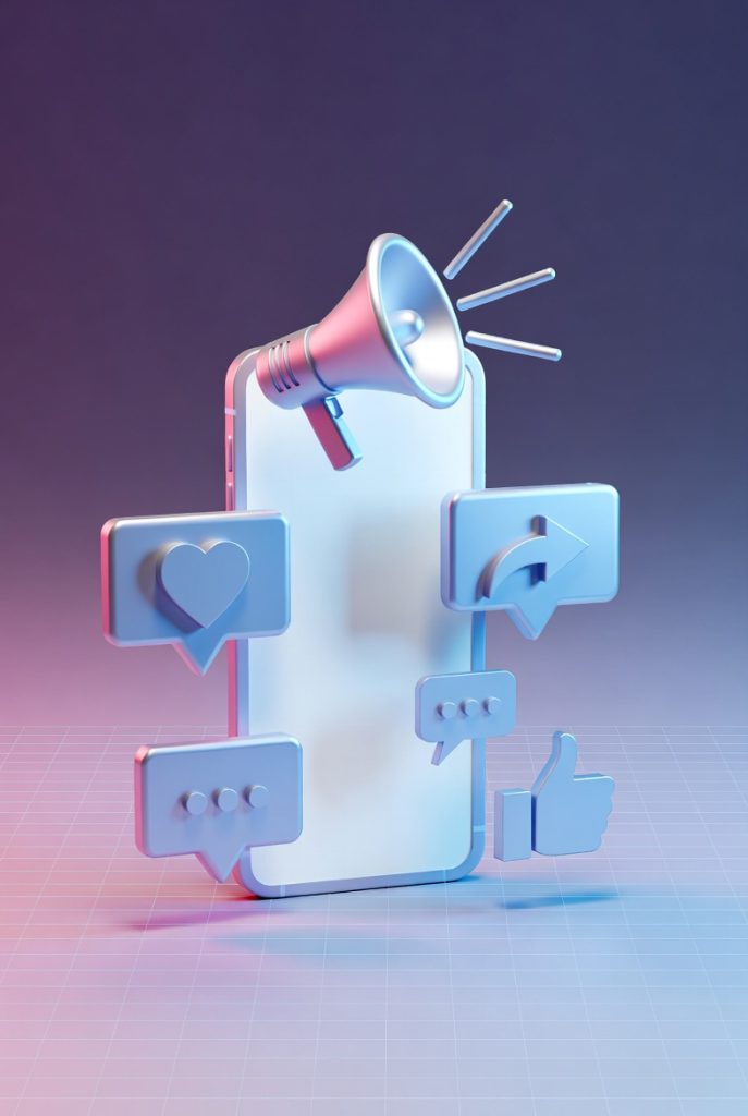 Illustration of a brand growing on social media platforms like Facebook, Instagram, and LinkedIn, showing engagement and followers increasing.