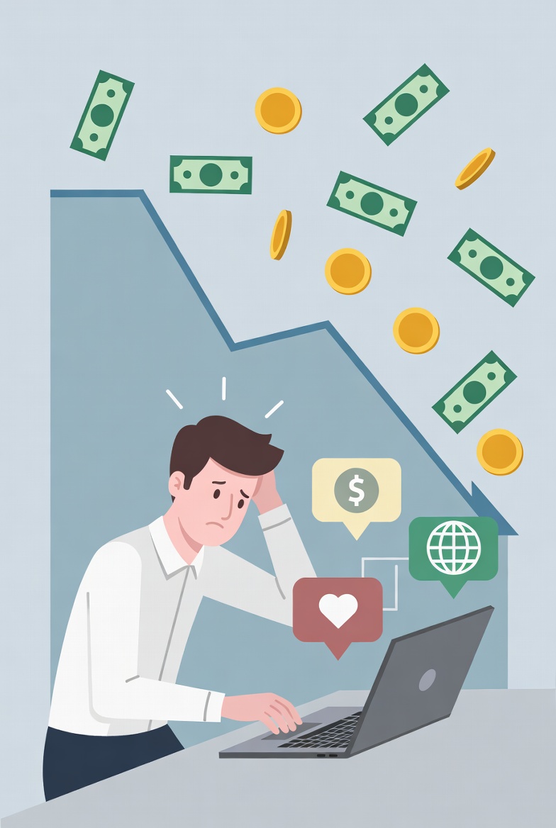 “Confused businessperson looking at laptop surrounded by social media, ads, and website icons, with a low growth chart and scattered money, representing wasted budget and poor online marketing results.”